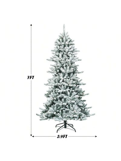 Gymax 7FT Snow Flocked Christmas Tree Hinged Fir Tree w/ Pine Cones Metal Stand