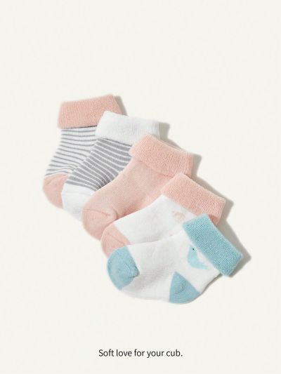 Cozy Cub 5pairs/set Cute Striped Baby Terry Socks With Fold-over Cuffs
