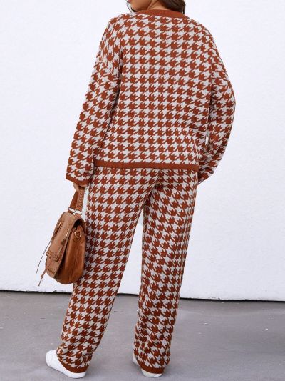 SHEIN LUNE Plus Size Women's Houndstooth Sweater And Sweater Pants Set
