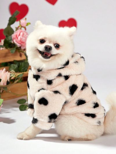 PETSIN Valentine's Day Black And White Plush Hooded Sweatshirt With Heart Pattern