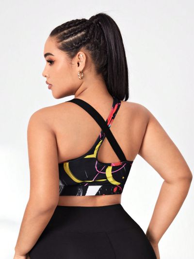 Plus Graphic Print Racer Back Sports Bra