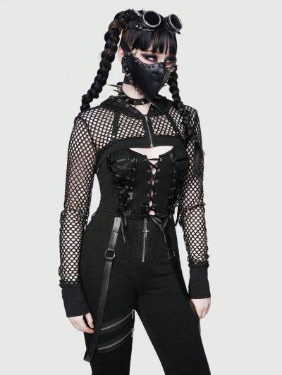 ROMWE Goth Women's Hooded Cropped Top With Fishnet And Skull Pattern