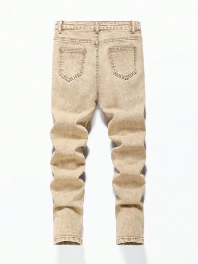 SHEIN Tween Boys' Ripped Frayed Snow Washed Skinny Khaki Denim Jeans ,For Spring And Summer Tween Boy Outfits
