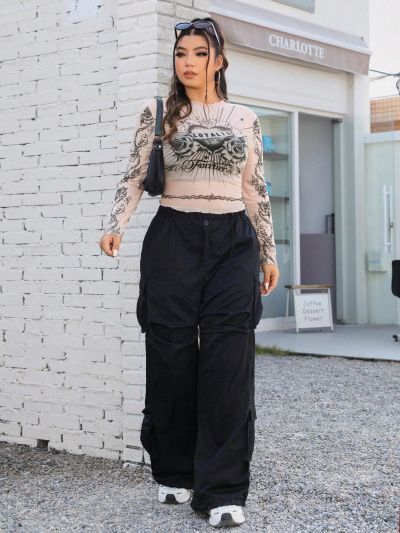 SHEIN Coolane Women's Plus Size Floral & Letter Printed Long Sleeve Top