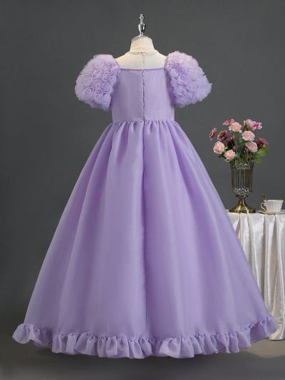 Tween Girls' Bubble Sleeves & Swing Hem Elegant Formal Dress, Suitable For Performances, Weddings, Parties And Birthday Celebrations