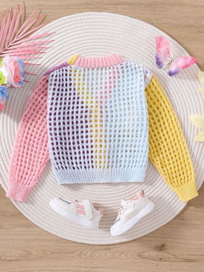 Young Girl Contrast Color Knitted Cardigan With Hollow Out Details