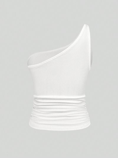 Solid Color Pleated One Shoulder Top