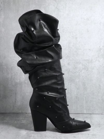 Faux Leather Pointed Toe Ruched Knee High Boots