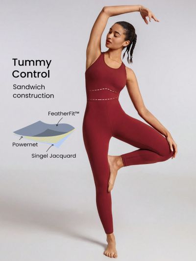 GLOWMODE 26" FeatherFit™ Strap It Good The League Racerback Tummy Control Jumpsuit Light Support Low Impact Yoga Studio