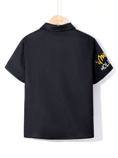 SHEIN Kids EVRYDAY Tween Boys' Doodle Pattern Woven Turn-Down Collar Short Sleeve Shirt, Summer