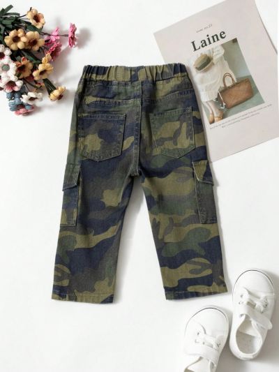 Baby Girl's Casual And Fashionable Camouflage Washed Denim Pants With Cargo Pockets