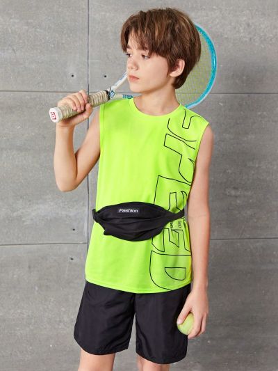 SHEIN 3pcs/Set Boys' Loose Fit Casual Print Style Tank Top, Shorts & Fanny Pack Sports Outfits For Kids