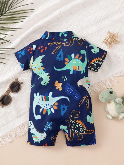 Baby Boys' Lovely Cartoon Dinosaur & Plant Printed Shirt Collar Short Sleeve Romper With Front Buttons