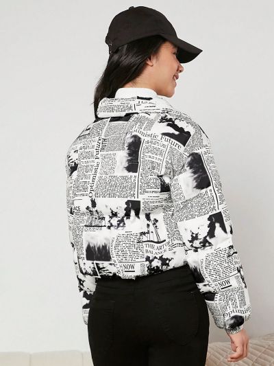 Teen Girl Newspaper Print Drop Shoulder Crop Puffer Coat