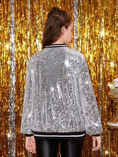 Teen Girl Zip Up Sequin Bomber Jacket