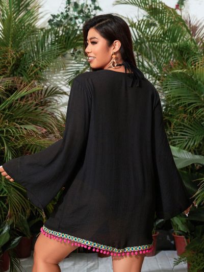 SHEIN Swim BohoFeel Plus Size Women's Geometric Patchwork Tassel Cover Up With Weave Straps