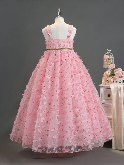 Tween Girls' Sleeveless Spaghetti Strap Dress With 3d Floral Decor, Suitable For Performance, Wedding, Evening Party, Birthday Party