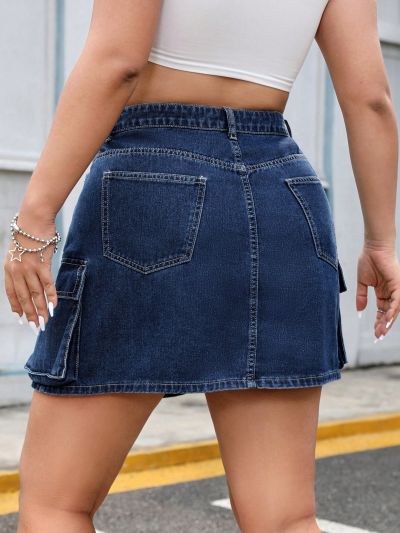 Plus Size Denim Skirt With Side Pockets