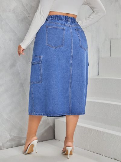 SHEIN SXY Plus Flap Pocket Split Thigh Denim Skirt