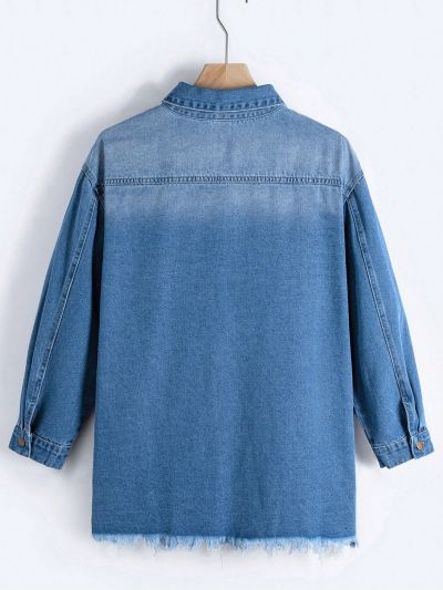 Plus Size Women'S Fashionable Frayed Denim Jacket With Distressed Detailing
