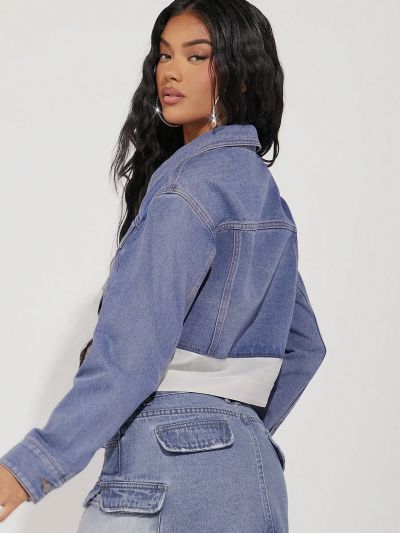 Luxe Colorblock Flap Pocket Crop Denim Jacket