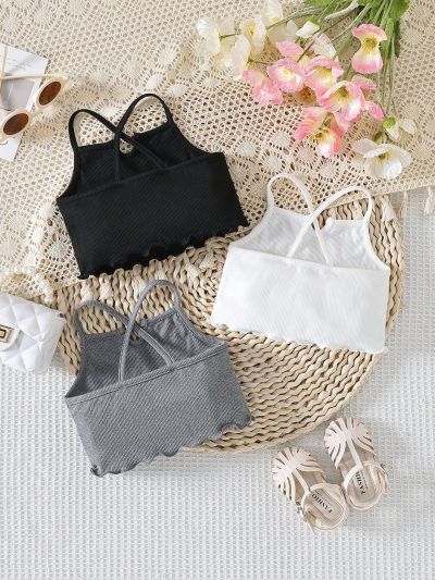 3pcs/Set Baby Girls' Casual Simple Daily Ribbed Knit Lettuce Edge Tank Tops