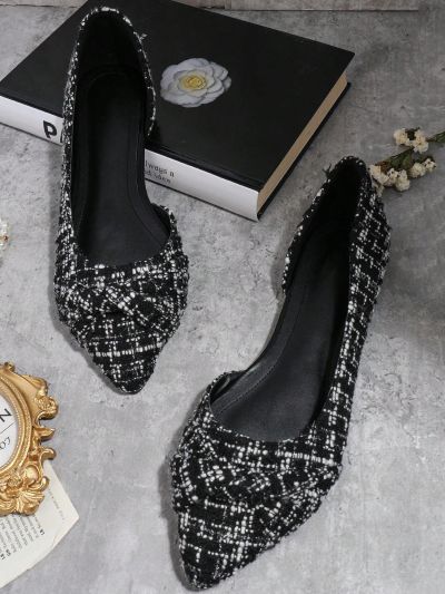 Tweed Pointed Toe Slip On Ballet Flats