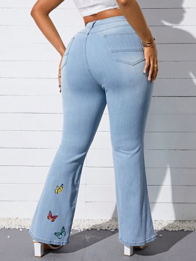 SHEIN SXY Plus Size Women'S Butterfly Print Flared Jeans