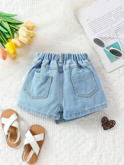 Young Girl's Casual Light Blue Washed Denim Shorts With Elastic Waistband