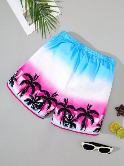 SHEIN Boys' Casual Coconut Tree Ombre Pattern Woven Loose Fit Swim Trunks