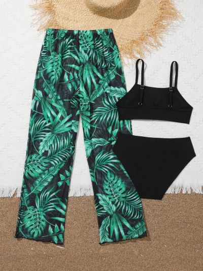 Tween Girls' Bikini Swimsuit With Plant Printed Cover Up Pants Swimsuit Set