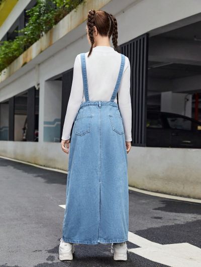 SHEIN Teen Girls' Casual Fitted Denim Overall Dress