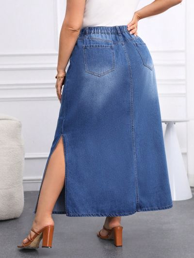 SHEIN Privé Plus Size Women'S Denim Side Slit Skirt