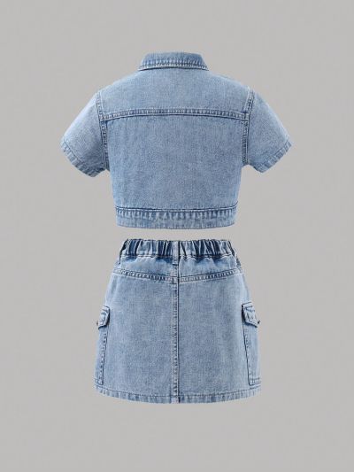 Girls' Basic Casual Light Blue Washed Short-Sleeved Fake Pocket Denim Top & Elastic Waistband Workwear Denim Skirt Comfortable Set