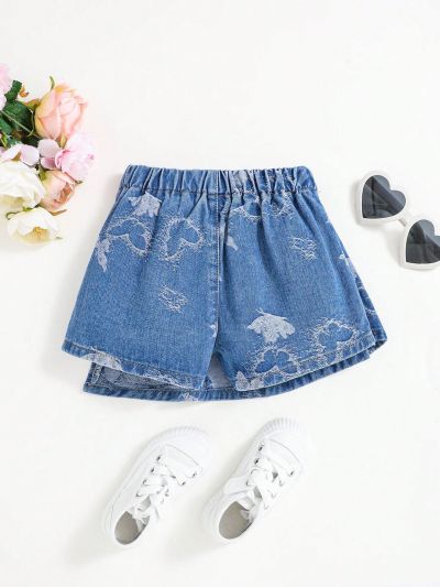 SHEIN Little Girls' Butterfly Pattern Pleated Asymmetrical Denim Mini Skirt