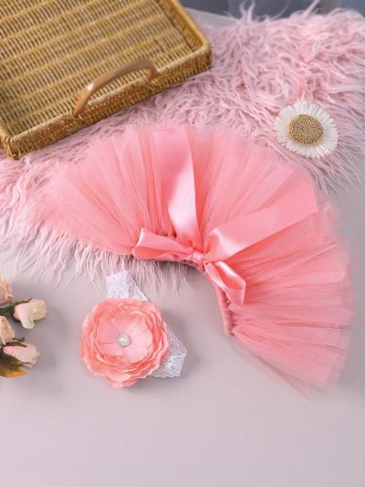 Newborn Baby Girls' 2pcs/Set Pink Mesh Tutu Skirt And Headband Photography Outfit With Rabbit Ear Design