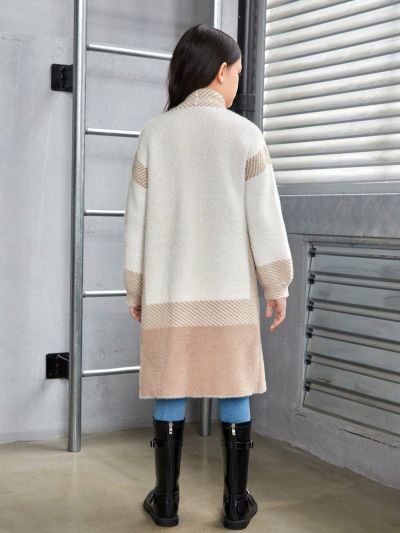 SHEIN Tween Girl Colorblock Drop Shoulder Open Front Cardigan