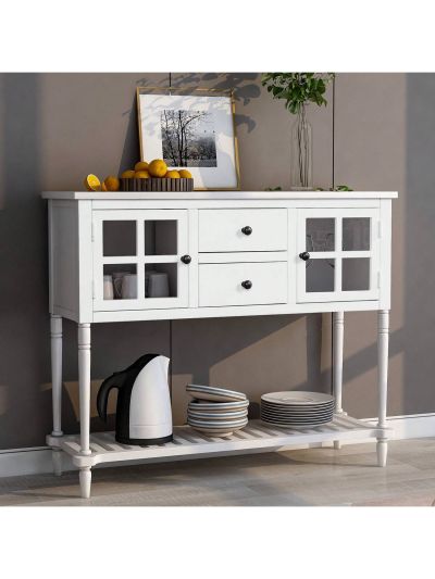 Sideboard Console Table with Bottom Shelf, Farmhouse Wood/Glass Buffet Storage Cabinet Living Room