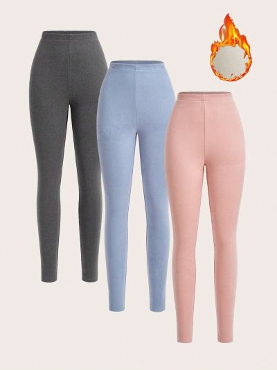 SHEIN Qutie Women's Solid Color High Waist Thermal Leggings, Pack Of Three