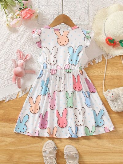 Toddler Girls' Cartoon Rabbit Head Printed Dress With Ruffle Trim
