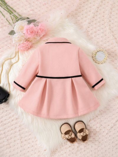 Baby Girl Contrast Binding Bow Front Fold Pleated Overcoat
