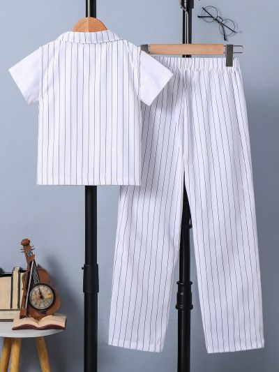 SHEIN Kids FANZEY 1set Tween Boy'S Double Breasted Striped Vest Jacket And Suit Pants Gentleman Outfit