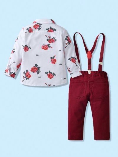 2pcs/Set Young Boy Formal Suit With Floral Print Shirt And Suspenders Pants For Casual Parties