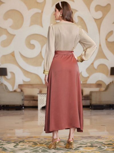 SHEIN Najma Color Block Embroidered Applique V-Neck Long Sleeve Dress