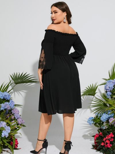 Plus Floral Embroidery Off Shoulder Frill Trim Bridesmaid Dress