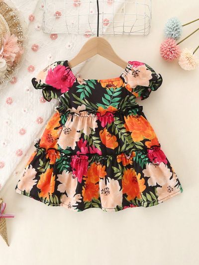Baby Girl Beautiful Vacation Style Floral Print Short Sleeve Dress