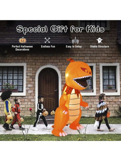 Costway 8FT Halloween Inflatable Pumpkin Head Dinosaur Blow Up with LED Lights