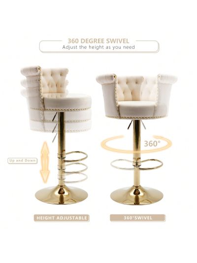 Velvet Bar Stools Set of 4, Modern Swivel Adjustable Counter Height Gold Barstools with Backs, Upholstered Tufted Bar Chairs with Nailheads for Kitchen Island Counter Stools