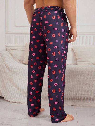 Men's Solid Color Short Sleeve T-Shirt And Lip Print Long Pants Homewear