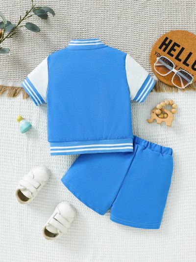 SHEIN 2pcs/Set Baby Boys' Casual Sports Embroidered Baseball Collar Short Sleeves Jacket And Shorts Set, Perfect For Outing